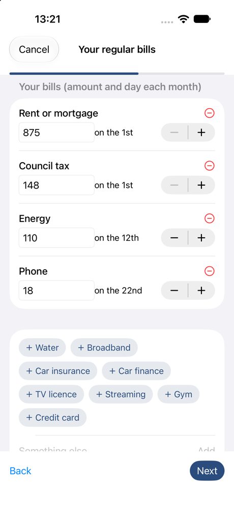 Quick start: tap the bills you pay and add amounts